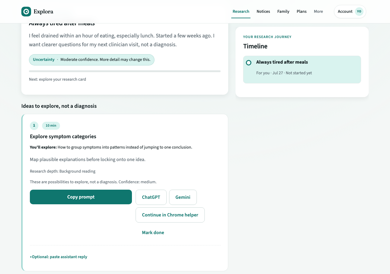 Explora research view showing a health concern, uncertainty marks, and a short research list
